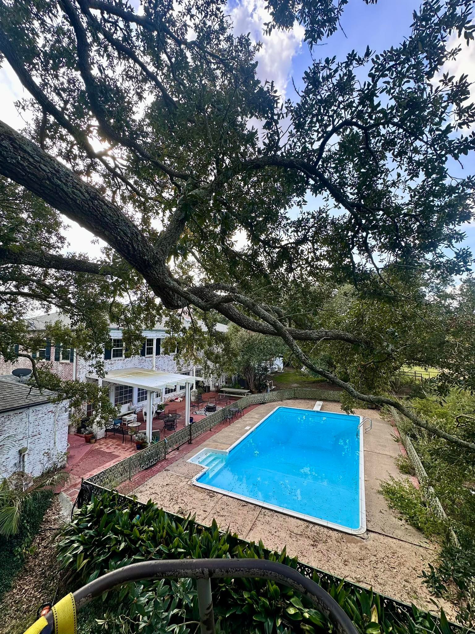 Backyard pool with blue water, shaded by tree branches, next to a patio and white gazebo