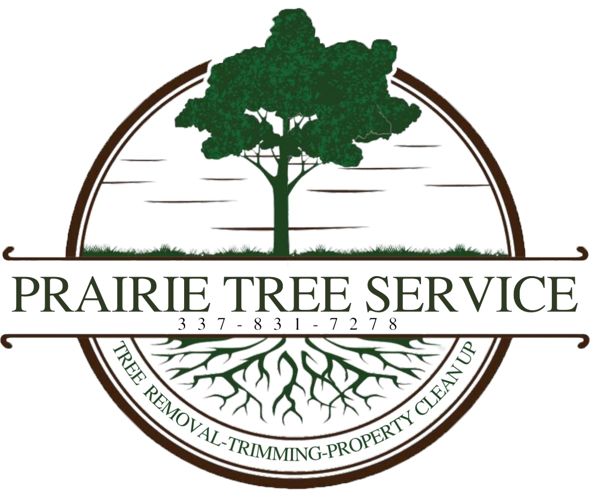 Prairie Tree Service logo with green tree, brown arch, and text for tree removal, trimming, and property cleanup