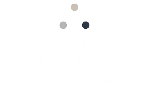 A logo featuring three circles arranged in a triangle—one beige, one gray, and one dark blue—above white text.