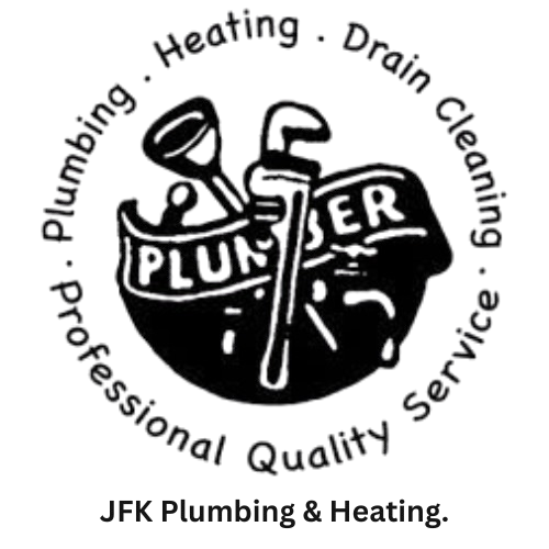 Logo for JFK Plumbing & Heating: round seal with plumbing tools, words "PLUMBER", "Professional Quality Service."