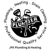 Logo for JFK Plumbing & Heating: round seal with plumbing tools, words "PLUMBER", "Professional Quality Service."