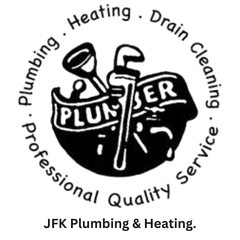 Logo for JFK Plumbing & Heating: round seal with plumbing tools, words "PLUMBER", "Professional Quality Service."