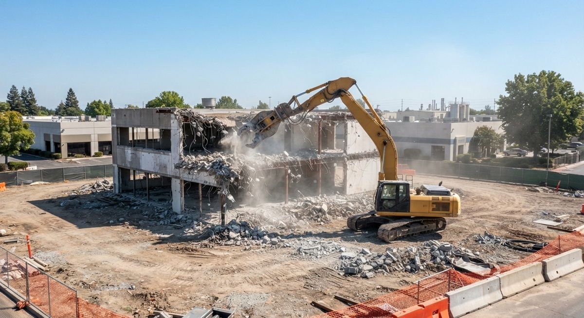 Heavy excavator equipped with a hydraulic shear actively tearing down a commercial in Rancho Cordova, CA