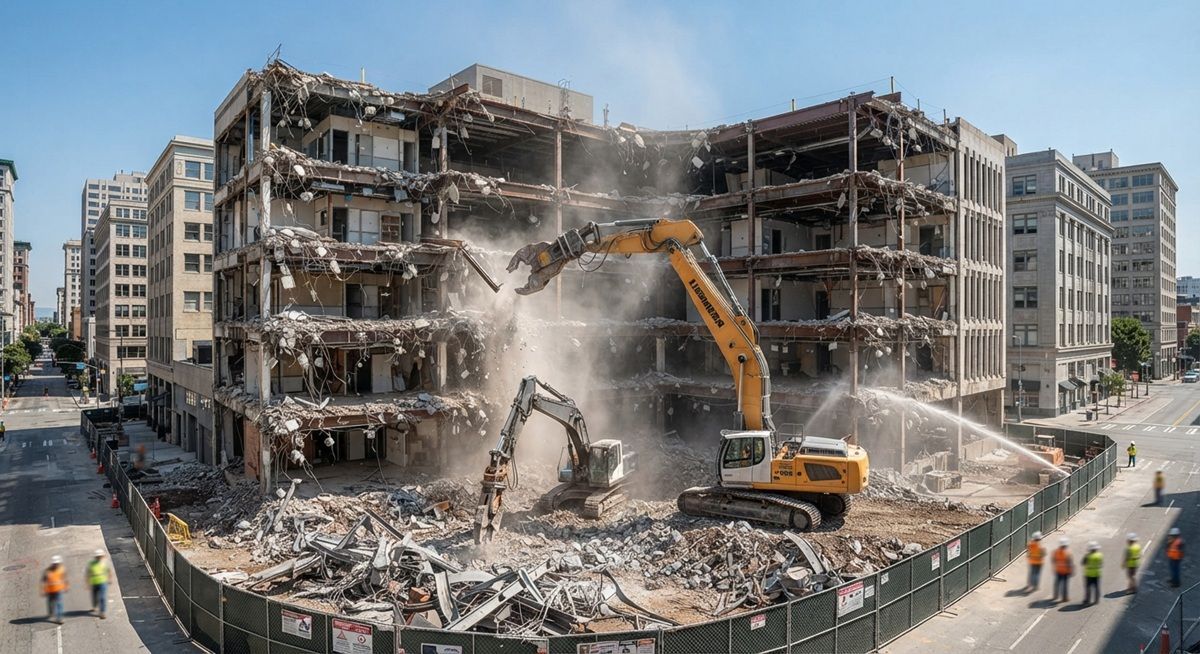 Heavy machinery and excavators working on a commercial building demolition site in Rancho Cordova, California.