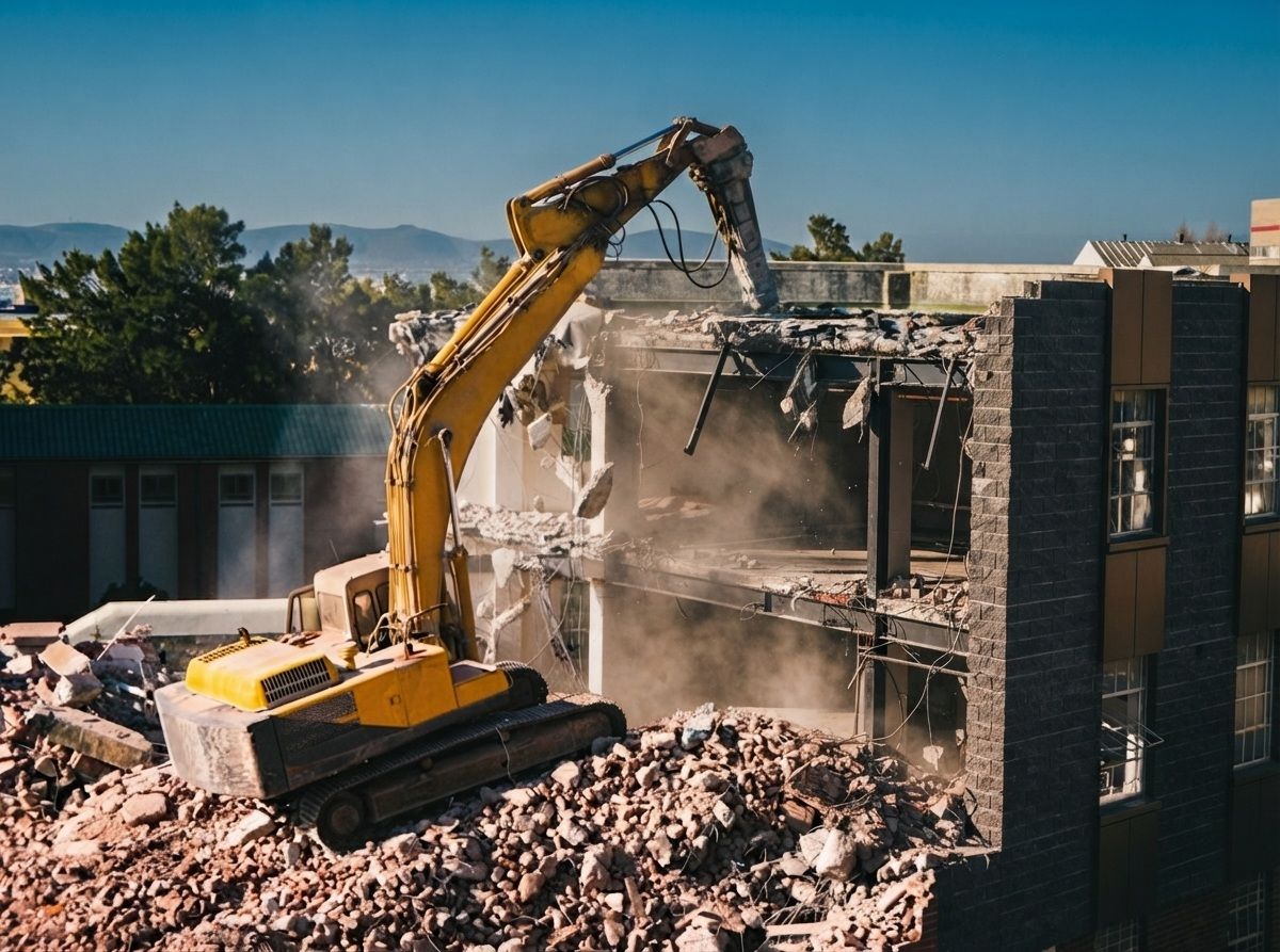 A commercial excavator with a hydraulic hammer actively demolishing a building with dark stone in Rancho Cordova, CA.
