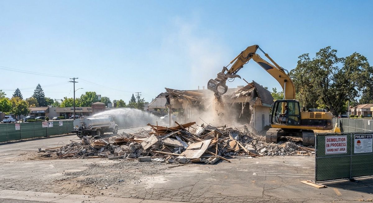 Heavy excavator tearing down a commercial building with a water truck suppressing dust on a sunny day in Rancho Cordova, CA.