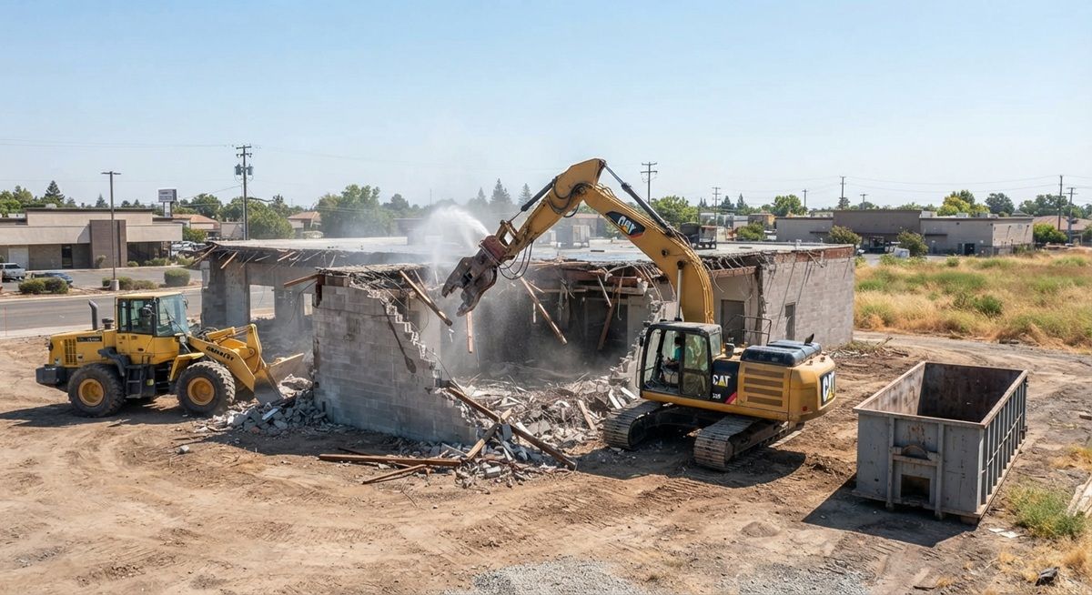 Commercial demolition project in Rancho Cordova, CA, featuring heavy machinery dismantling a single-story concrete block.