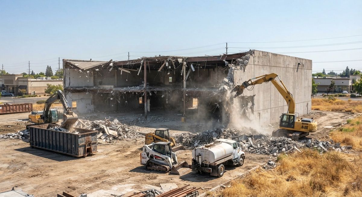Commercial demolition project in Rancho Cordova, CA, showing heavy machinery tearing down a concrete building with dumpsters.
