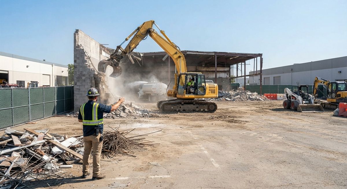 Professional commercial demolition site in Rancho Cordova, CA, showing heavy machinery tearing down a building structure.