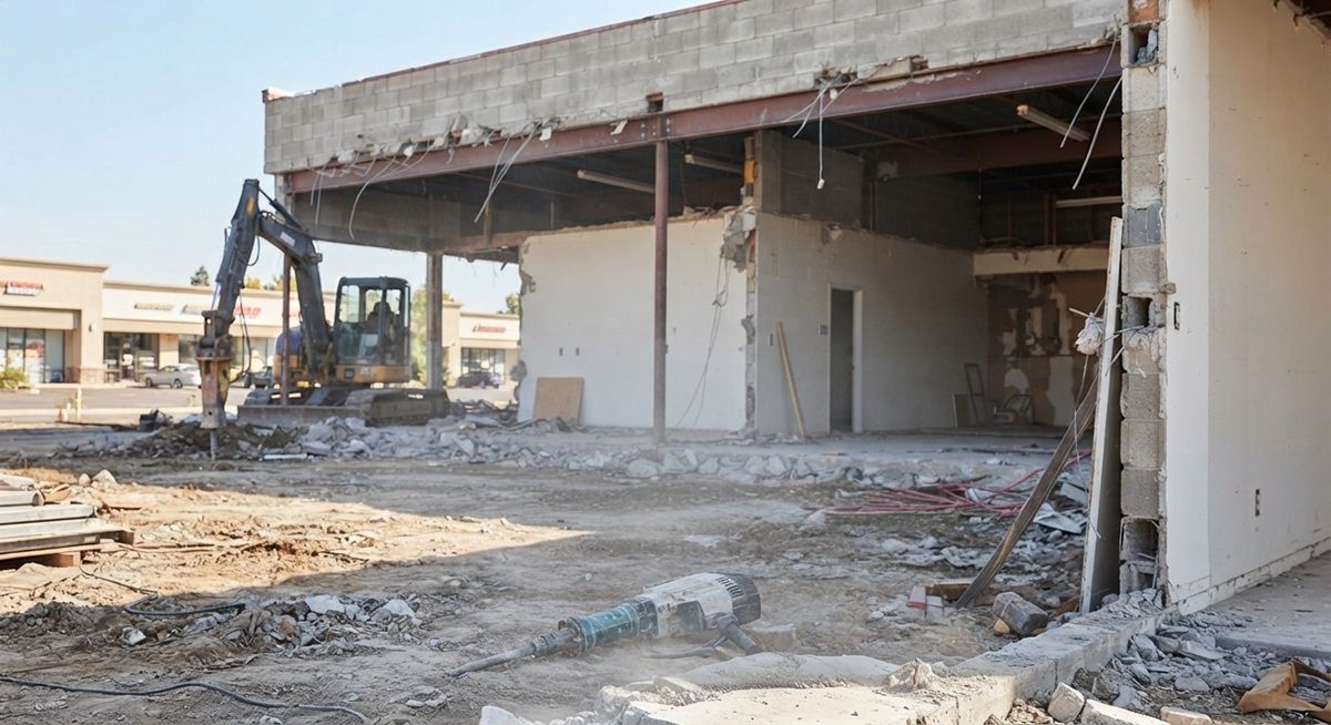 Commercial demolition site in Rancho Cordova, CA showing an active excavator working on a commercial strip property remodel.
