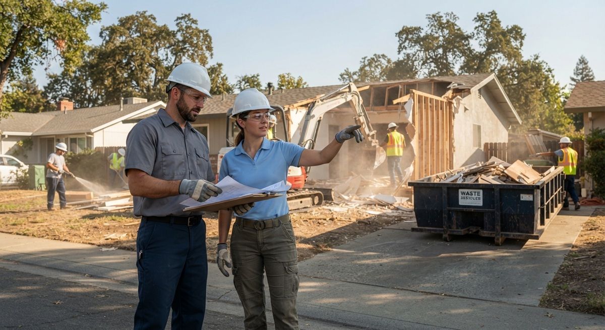 Local demolition contractors reviewing site plans in front of a residential house demolition in Rancho Cordova, CA.