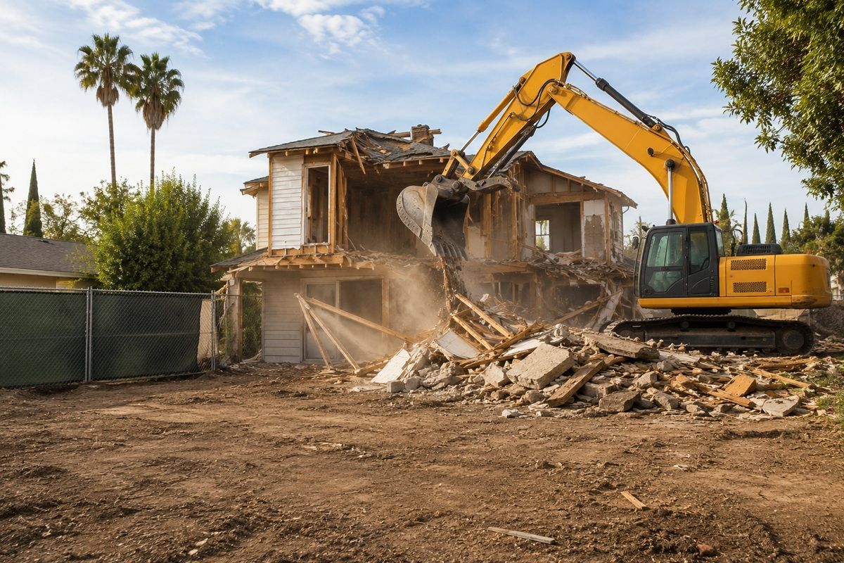 House demolition project with excavator removing a residential structure in Rancho Cordova, CA