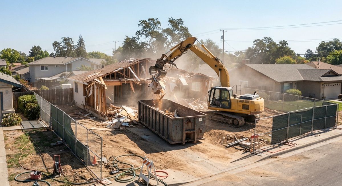 Excavator demolishing a house in a Rancho Cordova residential neighborhood.
