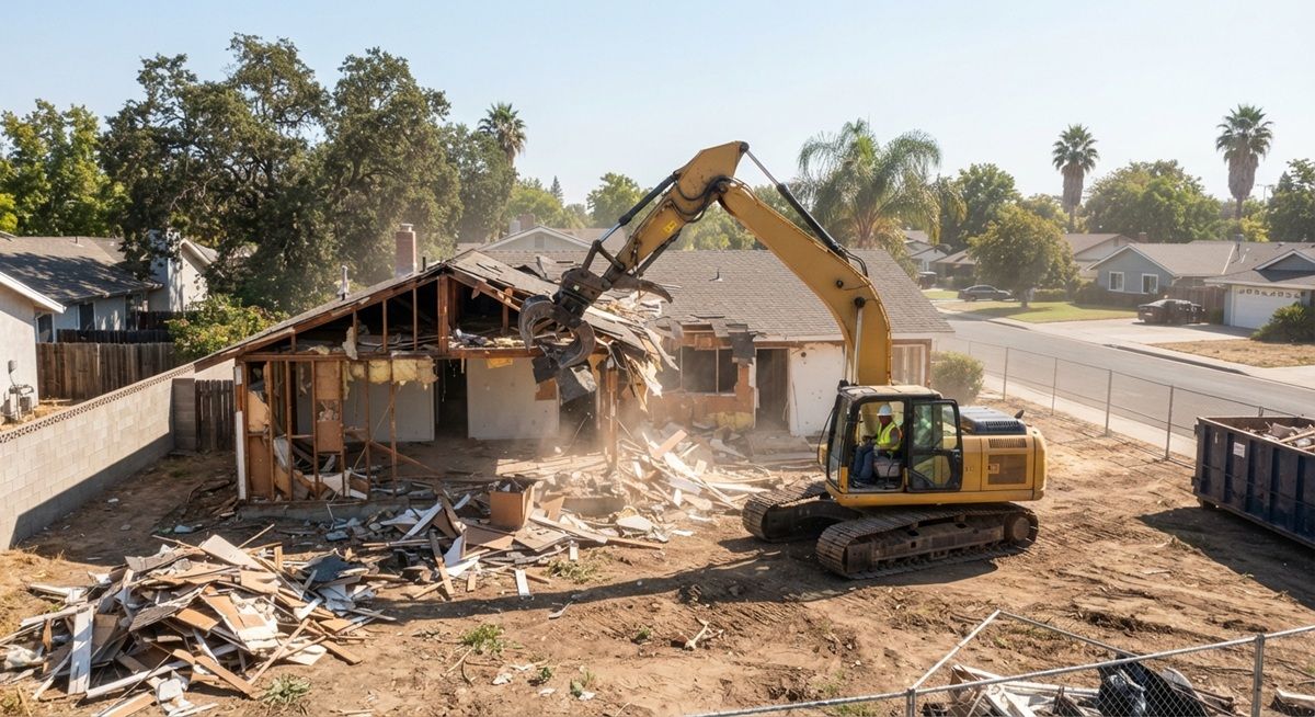 Excavator tearing down a residential house during a demolition project in Rancho Cordova.