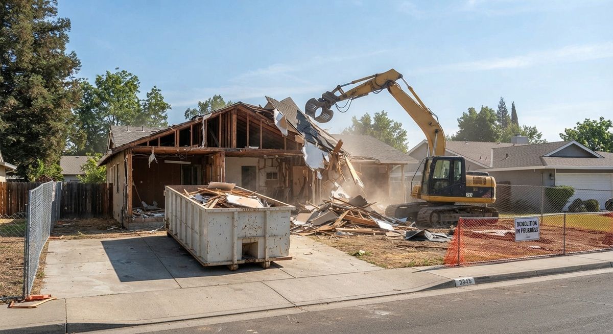 House demolition project in progress with excavator in Rancho Cordova.