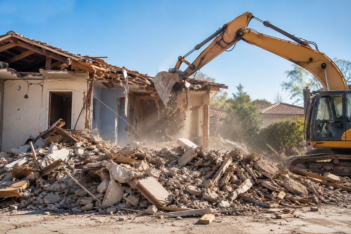 House demolition project with excavator removing a residential structure in Rancho Cordova, CA
