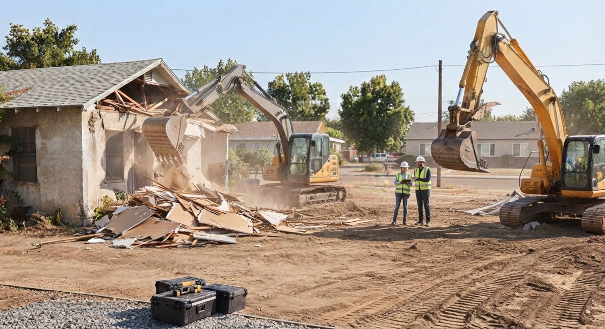 Demolition technicians preparing for residential house removal in Rancho Cordova.