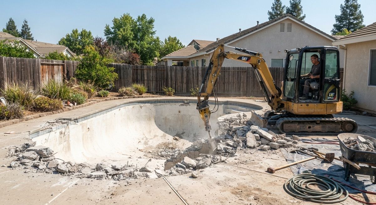 Partial pool demolition underway at a Rancho Cordova home