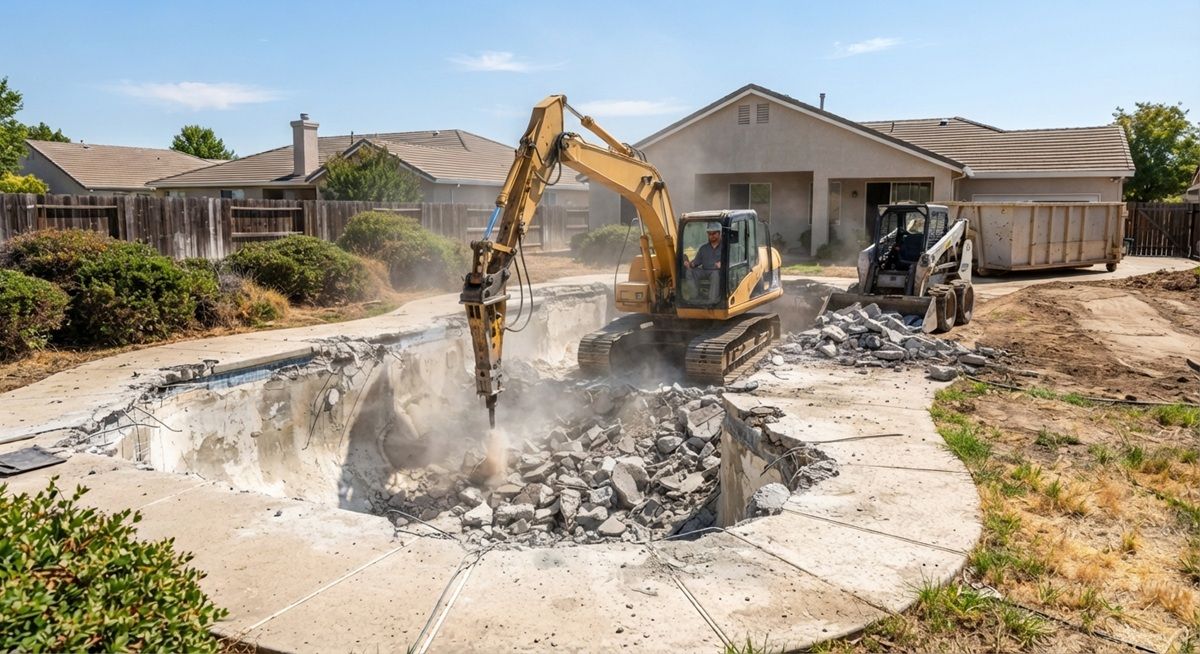 Excavator breaking concrete during residential pool demolition in Rancho Cordova, CA