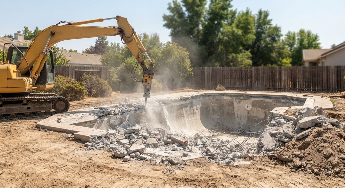 Excavator demolishing a residential pool in Rancho Cordova.