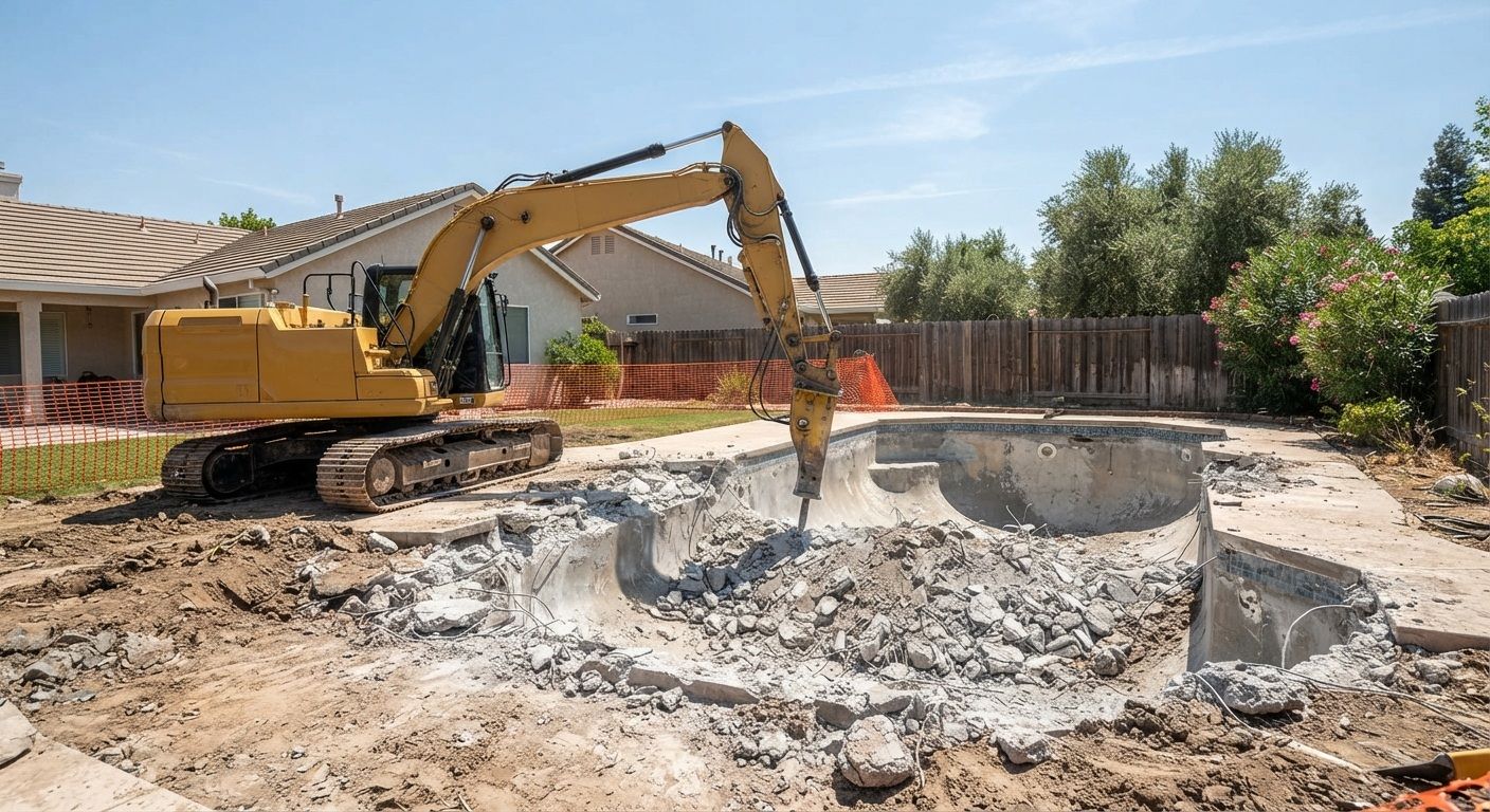 Excavator breaking apart concrete during a residential swimming pool demolition project in a backyard in Rancho Cordova, CA.