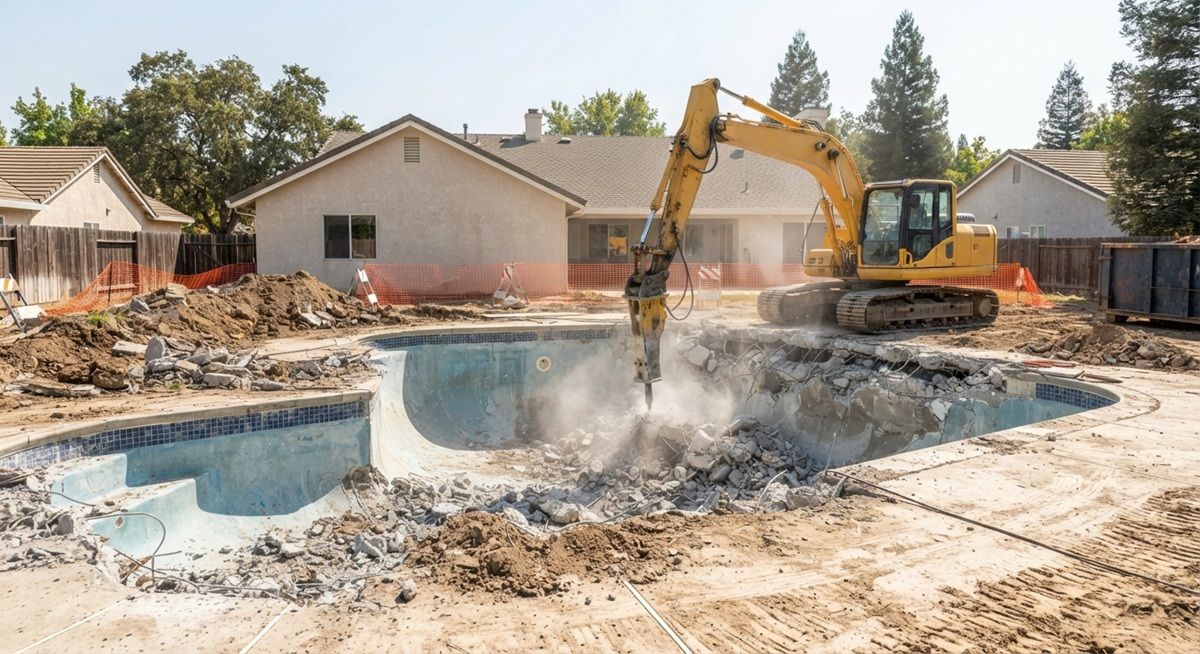 Excavator demolishing a residential swimming pool in Rancho Cordova.