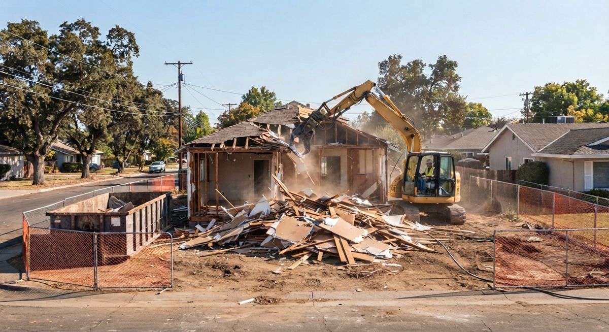 A professional excavator operating on a residential house demolition project in Rancho Cordova, California.