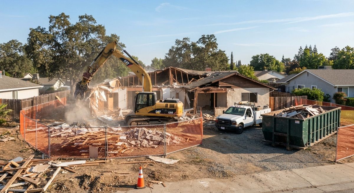 Heavy excavator actively tearing down a residential house on a demolition project site in Rancho Cordova, California,.