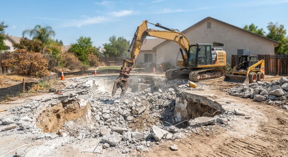 Excavator breaking apart concrete during a residential swimming pool demolition project in a Rancho Cordova backyard.
