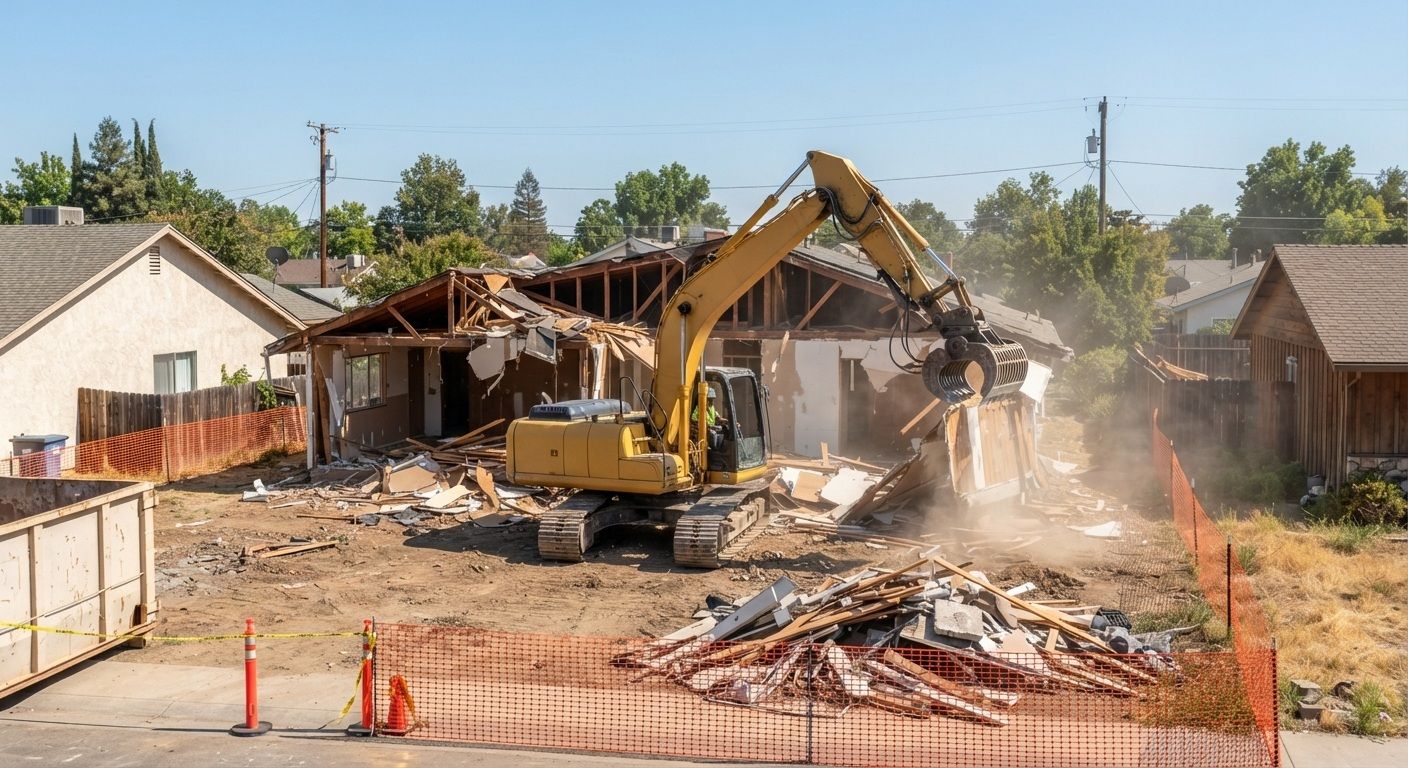 Yellow excavator actively tearing down a residential property in a neighborhood in Rancho Cordova, CA.