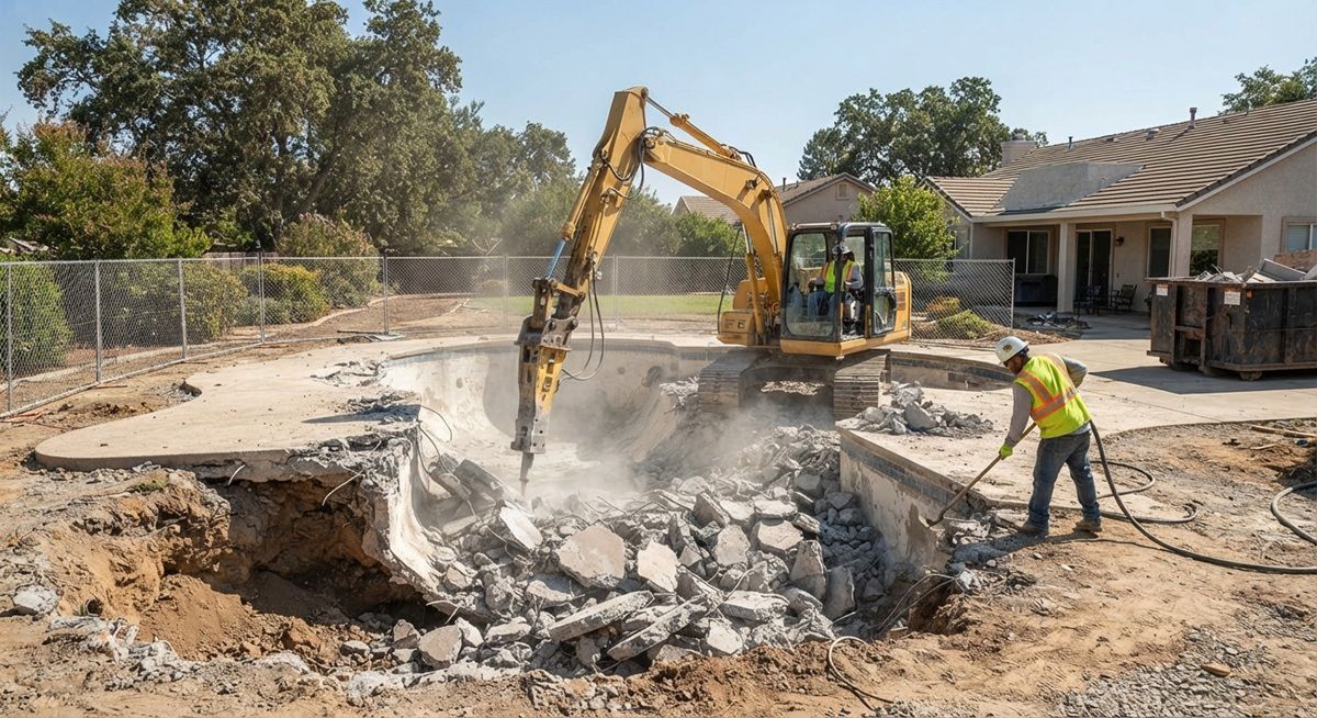 Excavator breaking up a concrete pool in a Rancho Cordova backyard.