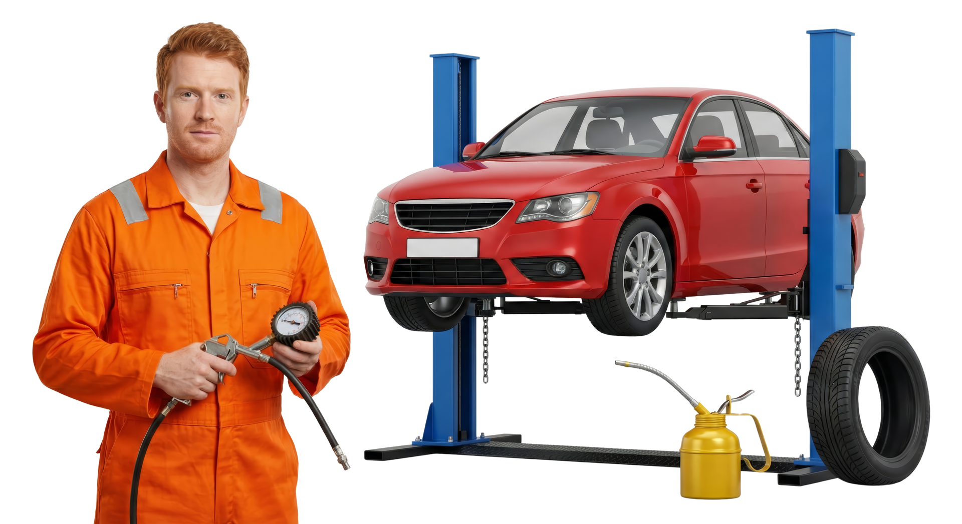 Mechanic holding air gun, stands next to a red car lifted on a blue car lift; tires and oil can visible.