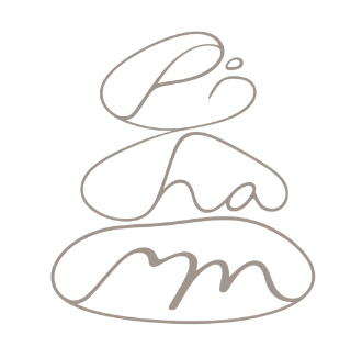 Stylized beige cursive letters stacked inside oval outlines on a white background