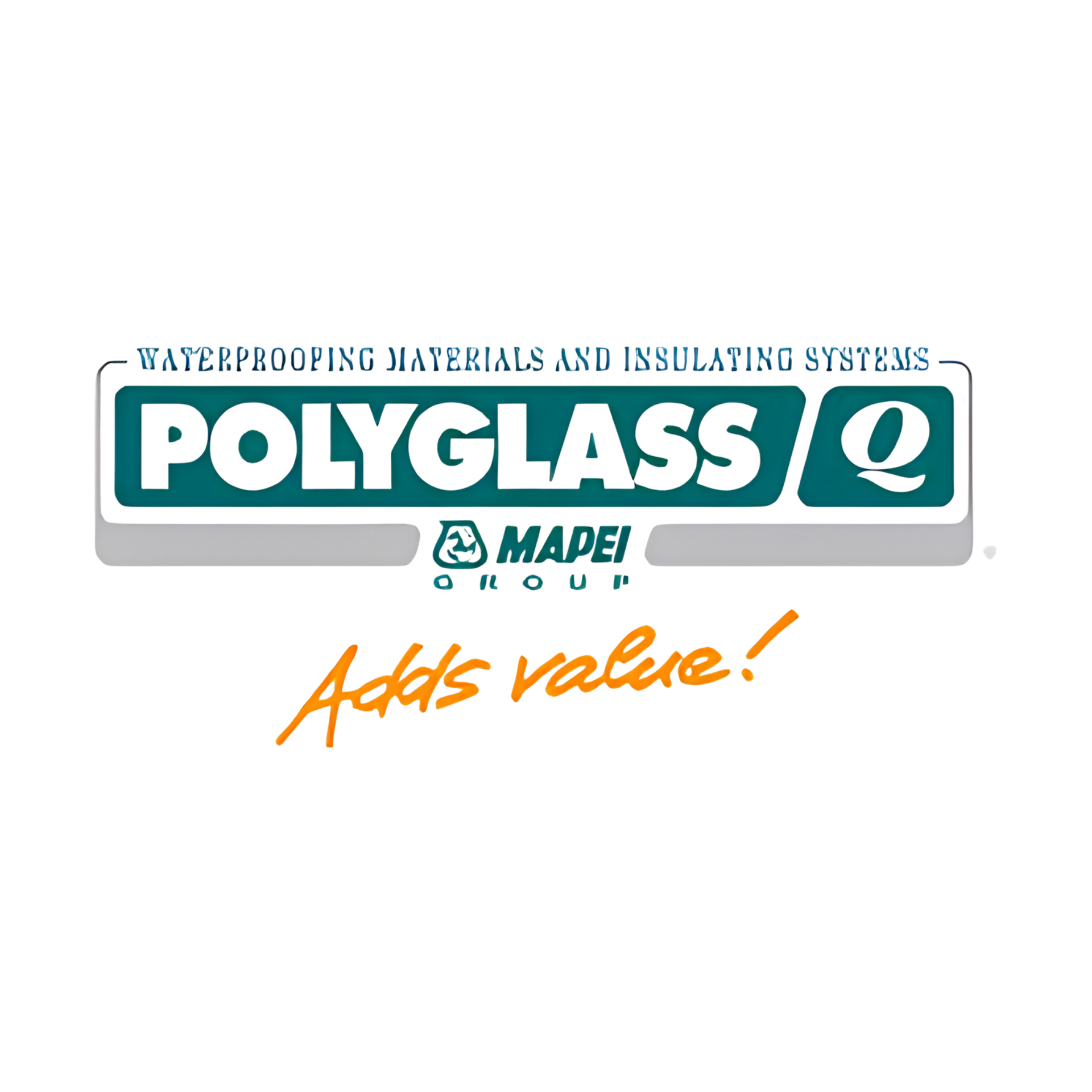 POLYGLASS Q waterproofing and insulating systems logo with orange “Adds value!” tagline