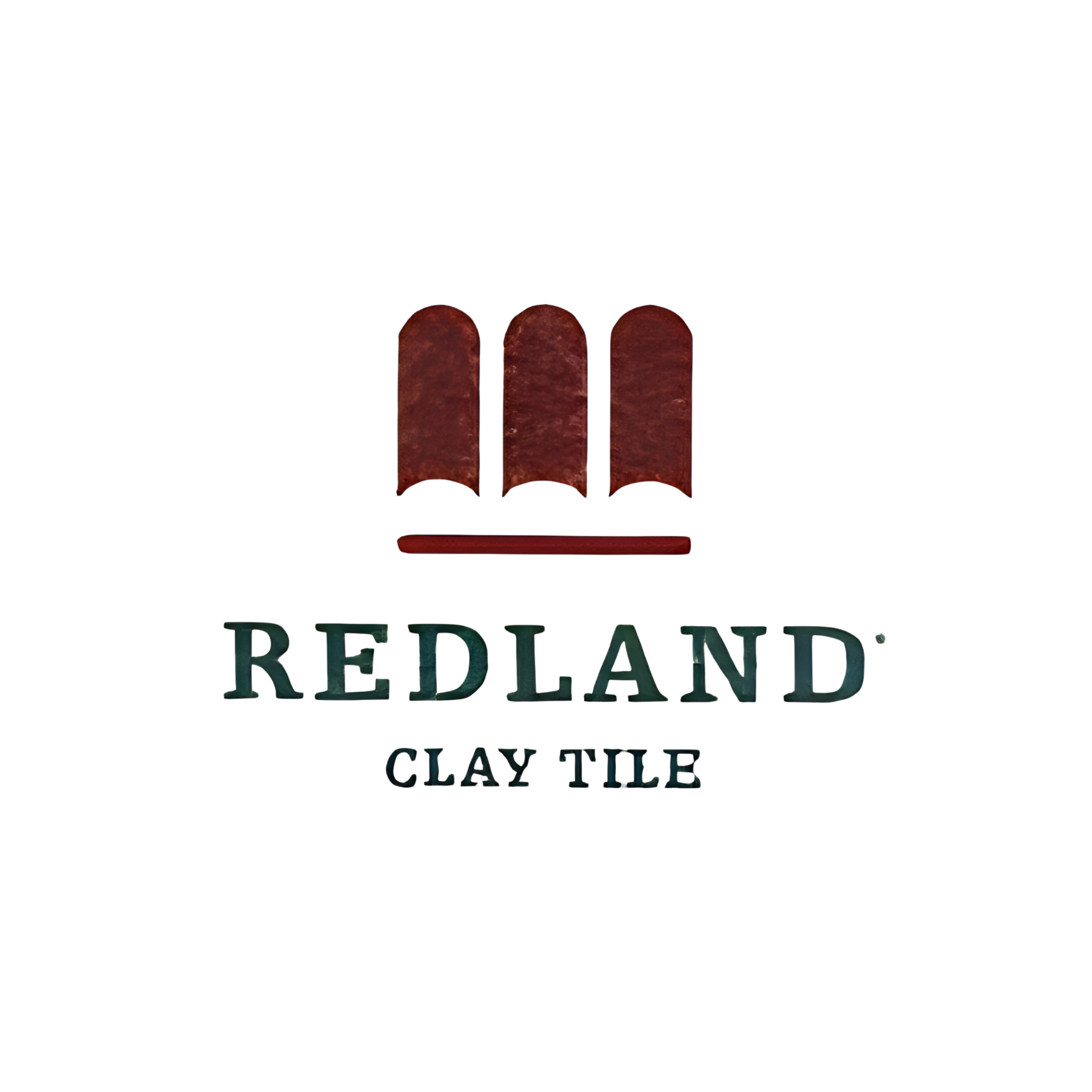 Redland Clay Tile logo with three maroon tile arches above green text on a white background