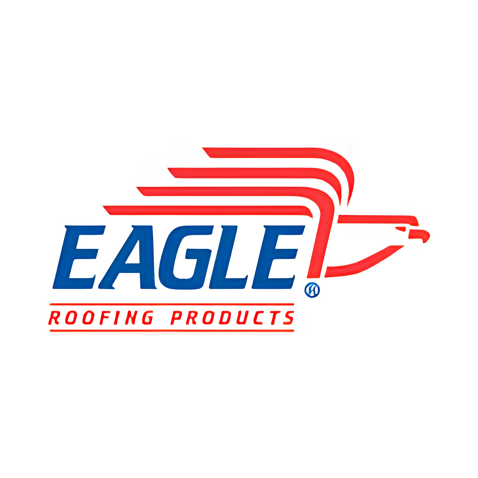 Eagle Roofing Products logo in blue and red with stylized roof lines on white background