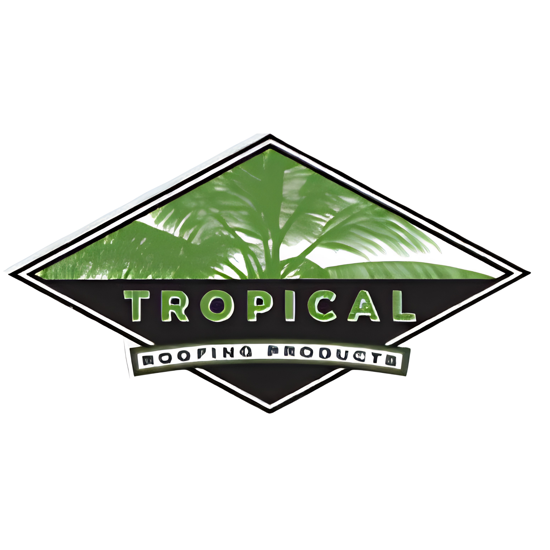 Tropical Roofing Products logo with green palm leaves inside a black diamond shape