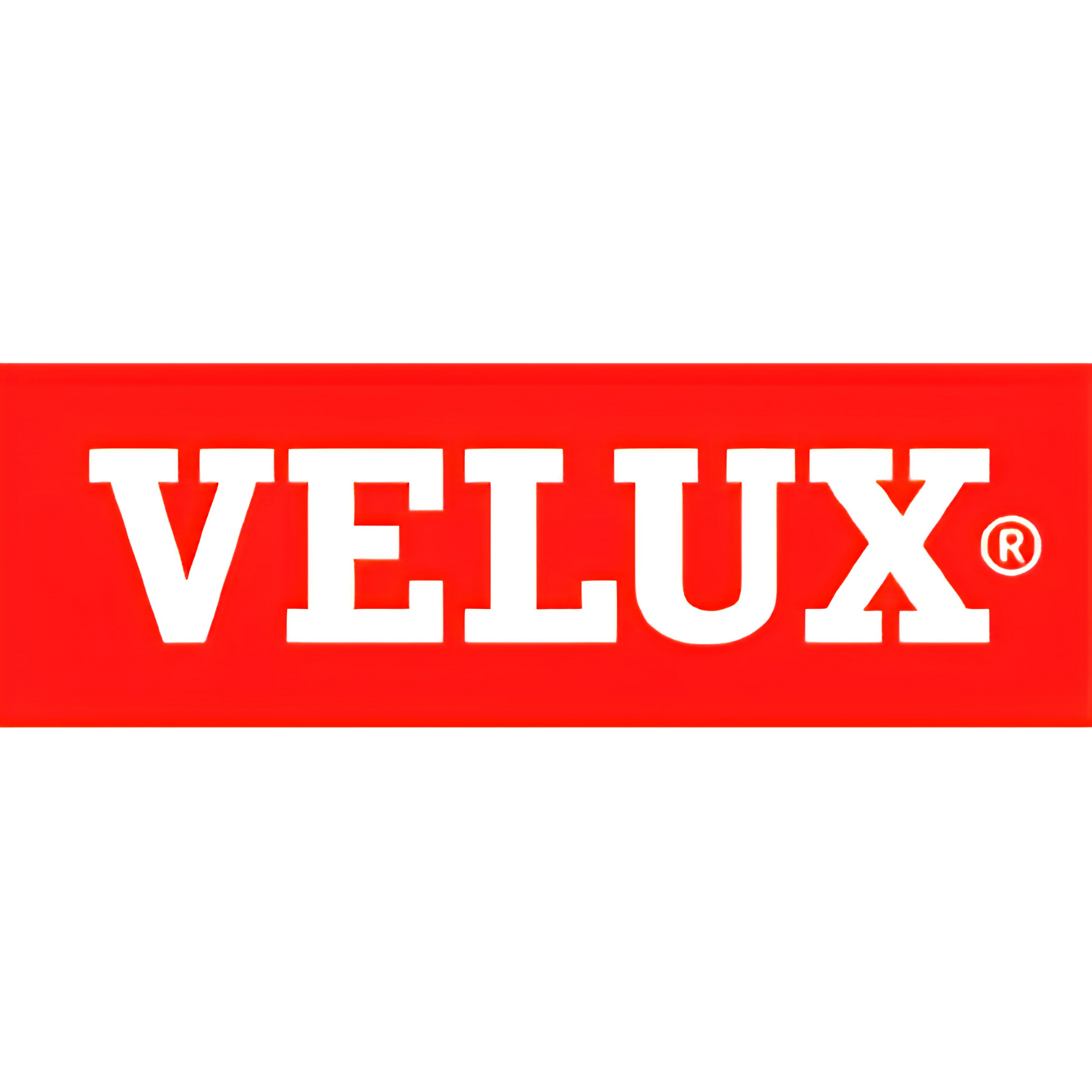 VELUX logo in white on a red rectangular background