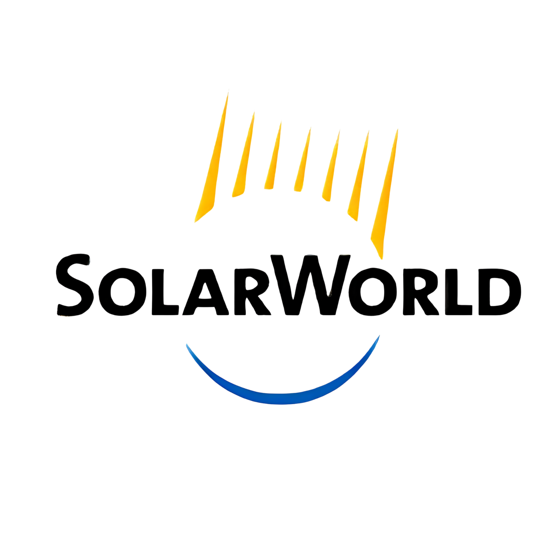 SolarWorld logo with black text, yellow sun rays, and a blue curved arc