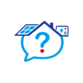 Blue home support icon with question mark, solar panel, and electricity symbol