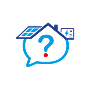 Blue home support icon with question mark, solar panel, and electricity symbol