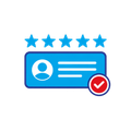 Blue profile card with five stars and a red checkmark badge