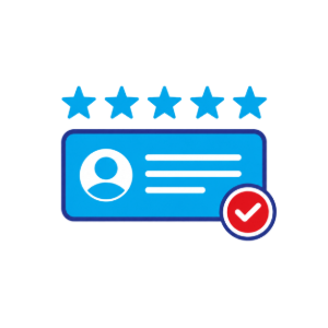 Blue profile card with five stars and a red checkmark badge