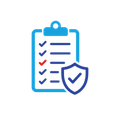 Blue clipboard checklist with a shield and check mark, symbolizing security or verification