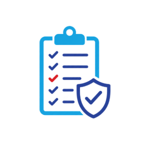 Blue clipboard checklist with a shield and check mark, symbolizing security or verification