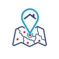 Blue location pin over a folded map with red route dots and a blue path line