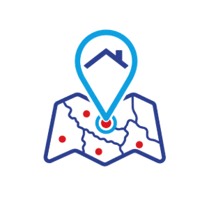 Blue location pin over a folded map with red route dots and a blue path line