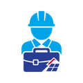 Blue construction worker icon holding a briefcase with a small red and blue logo