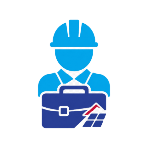 Blue construction worker icon holding a briefcase with a small red and blue logo