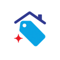 Blue price tag with red sparkle under a navy house roof icon